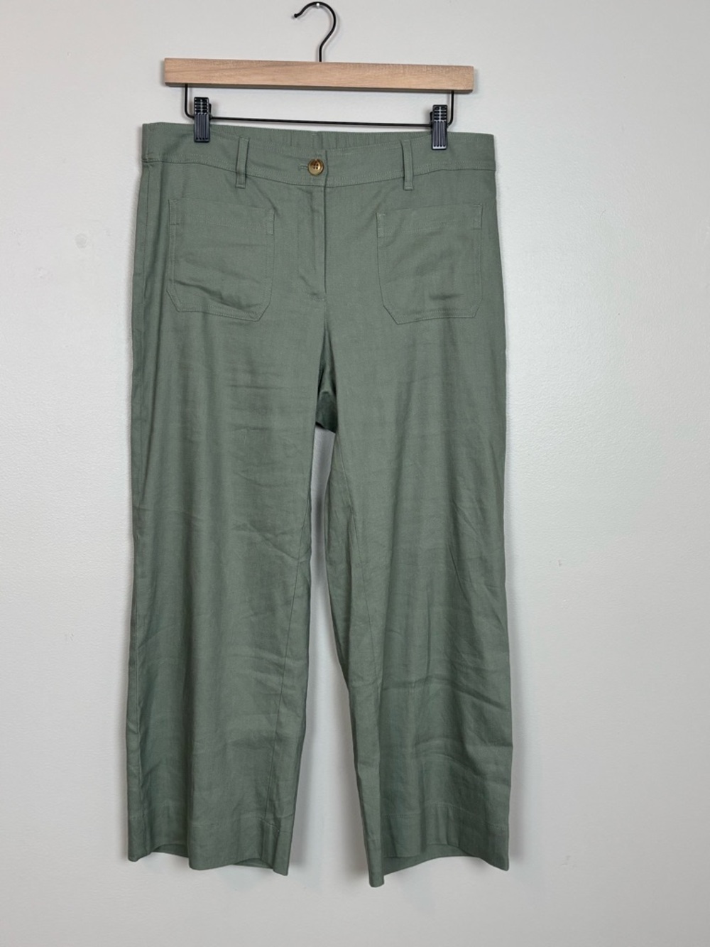 J Jill Pants Womens Sm Linen Stretch Patch Pockets Wide Leg Cropped in Green